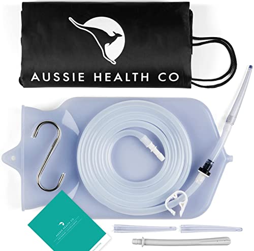 Aussie Health Co Non-Toxic Silicone Enema Bag Kit - 2 Quart Capacity for Water & Coffee Colon Cleansing - BPA & Phthalates Free - 6.5 Foot Hose, 3 Tips, Strong Clamp, Bonus Nozzle & Instruction Guide