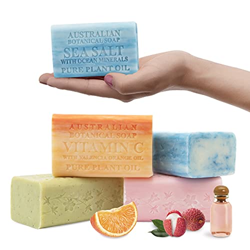 Australian Botanical Soap, Pure Plant Oil Soaps, 6.6 oz, Sea Salt with Ocean Minerals, Vitamin C with Valencia Orange, Lemongrass with Lemon Myrtle, Pink Lychee, Vegan-Friendly Variety Pack of 4