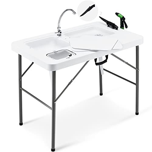 Avocahom 32.5" Folding Fish Cleaning Table Portable Camping Sink Table w/Dual Water Basins, Faucet Drainage Hose & Sprayer Outdoor Fish Fillet Cleaning Station w/Knife