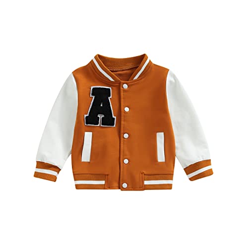 Baby Boy Girls Varsity Jacket Long Sleeve Button Down Letterman Baseball Outwear Coat Classic Bomber Varisty Jacket (Yellowish Brown , 12-18 Months )