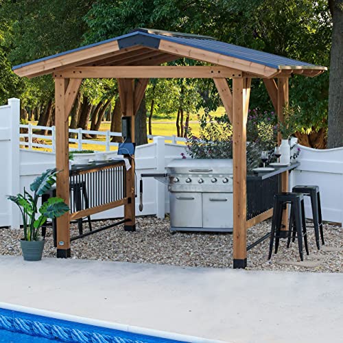 Backyard Discovery Granada Grill Gazebo w/Outdoor Bar, 80" Grill Space, Hard Top Steel Metal Roof, Wind Resistant - 100 mph, Supports 4,700 lbs of Snow, Electrical Outlet, USB, Grilling Hooks