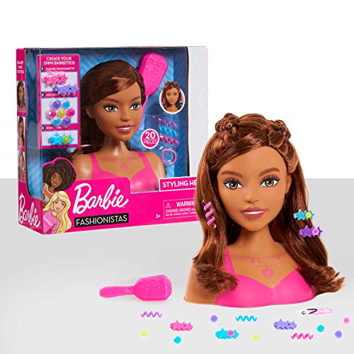 Barbie Fashionistas 8-Inch Styling Head, Brown Hair, 20 Pieces Include Styling Accessories, Hair Styling for Kids, by Just Play,Multi-color