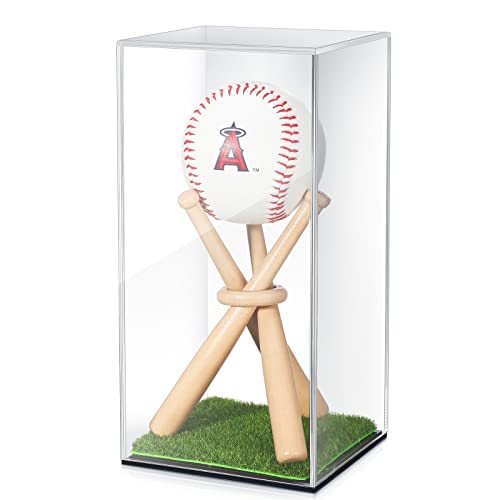 Baseball Display Case and Wood Baseball Stand Acrylic Baseball Holder Acrylic Box with Grass Pad for Ball Display Mini Wooden Bat Baseball Holders for Memorabilia Autograph Ball1)