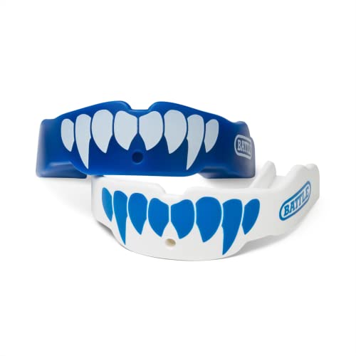 Battle Fangs Football Mouthguard – Sports Mouth Guard with Removable Strap – Protector Mouthpiece Fits With or Without Braces on Teeth – Adult & Youth Mouth Guard Sizes, 2 Pack, Youth (Age 9 & Below), Blue/White