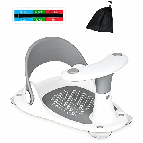 BEBELEH™ Baby Bath Seat [Original] – Baby Bath Portable Chair + Carry Bag + Baby Bath Thermometer – Compact and Foldable – Ultra Strong Suction Cups – Non-Slip Padding Infant Seat. Ideal Gift! (Grey)