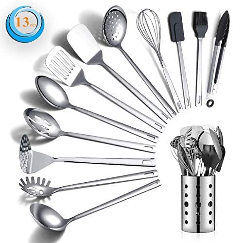 Berglander Stainless Steel Cooking Utensils Set, 13 Pieces Kitchen Utensils Set, Kitchen Tools Set with Utensil Holder Non-Stick and Heat Resistant,Dishwasher Safe, Easy to Clean (13 Packs)