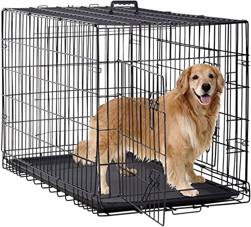 BestPet Dog Crate for Large Dogs,48 Inch Dog Kennel Outdoor with Double-Door,Folding Mental Pet Dog Cages with Divider Panel , Tray and Handle,Black