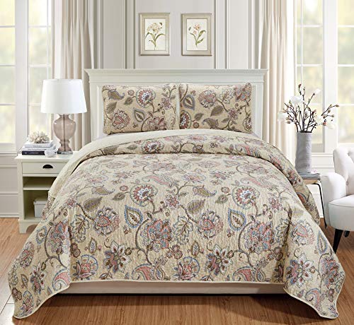 Better Home Style 3 Piece Beige Taupe Pink Green Blue Luxury Lush Soft Floral Flowers Paisley Printed Design Quilt Coverlet Bedspread Oversized Bed Cover Set # Hilton (Full/Queen)