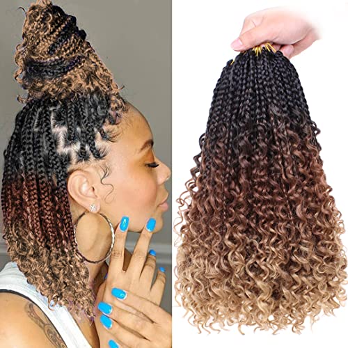 Beverlee 14 Inch Boho Box Braids 8 Packs Goddess Box Braids Crochet Hair Bohemian Hippie Braids Braiding Hair Box Braids with Curly Ends Messy Pre-looped Synthetic Crochet Hair for Women 128 Strands 53#