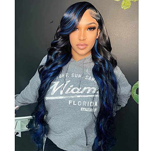 Black Mix Blue Wigs for Black Women Long Wavy Synthetic Lace Front Wig Mix Blue Color Natural Lace Wigs with Real Hairline Natural Thickness Hair Heat Resistant Friendly Charming Looking