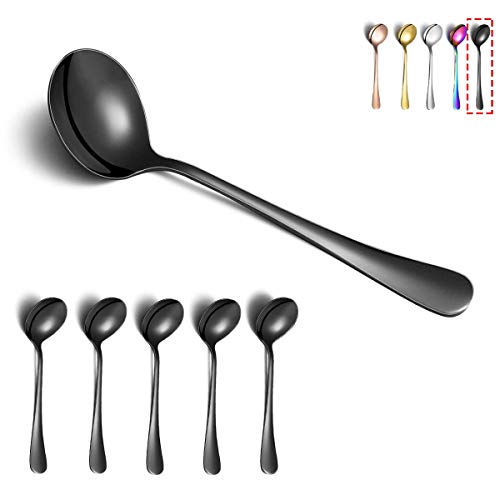 Black Soup Spoons, Kyraton 6 Pieces Stainless Steel Round Spoons With Black Titanium Plating, Black Dinner Spoon Table Spoon, Spoons Silverware Dishwasher Safe Set of 6