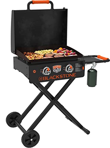 Blackstone 1935 On The Go Scissor-Leg Two Burners Gas Hood, Wheels, Side Shelf Heavy Duty Outdoor Stainless Steel Griddle for Backyard, Patio Camping, 22, Black