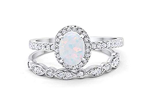 Blue Apple Co. Halo 2-Piece Art Deco Wedding Engagement Bridal Set Ring Band Oval Created White Opal Round Cubic Zirconia 925 Sterling Silver, Size-8