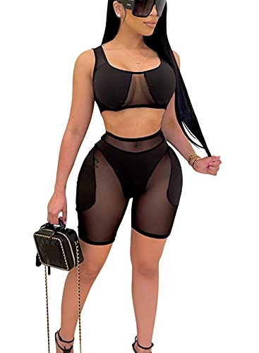 Bluewolfsea Womens Sexy Sheer Mesh Patchwork Bodycon 2 Piece Outfits Color Block Tank Crop Top Shorts Set Large Black