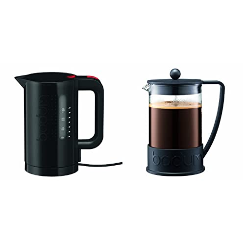 Bodum Bistro Electric Water Kettle, 34 Ounce, 1 Liter, Black & Brazil French Press Coffee Maker, 1.5 Liter, 51 Ounce, Black