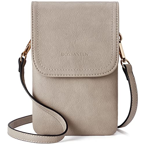 BOSTANTEN Leather Small Crossbody Bags for Women Designer Cell Phone Bag Wallet Purses Adjustable Strap Retro Grey