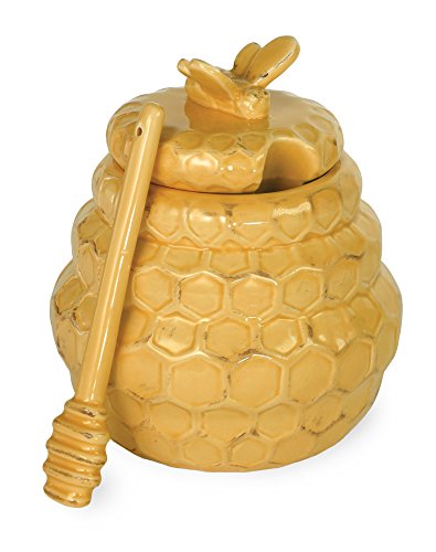Boston International Embossed Ceramic Honey Pot & Dipper, 2-Piece Set, Honeycomb