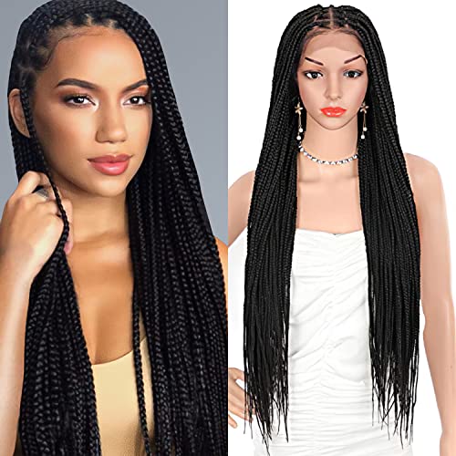 Brinbea 36 inch 13X7" HD Lace Front Knotless Box Braided Wigs Half Back Double Lace Braided Wigs with Baby Hair for Women Black Synthetic Cornrow Twist Braids Hair Wigs