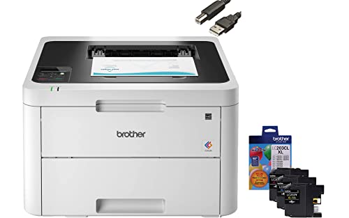 Brother HL-L3230CDW Compact Digital Color Laser Printer, Wireless Printing, Automatic Duplex Printing, Built-in Wireless, 256 MB, 250-sheet, 30 Bonus Ink Cartridges, White-Bundle with Printer Cable