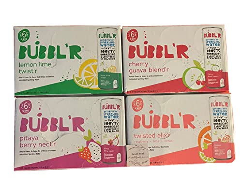 BUBBL'R 24 Pack, Bubbl'r Antioxidant Sparkling Water, Variety Pack, Bundled with Lang's Recipe Card, Lemon Lime Twist'r, Cherry Guava Blend'r, Pitaya Berry Nect'r, Twisted Elixi'r, Bubblr Drinks, Bubbl'r Antioxidant Drinks, Bubblr Sparkling Water, 24 Cans