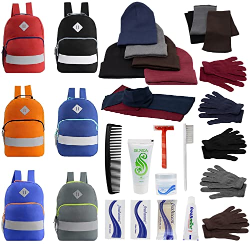 Bulk Case of 12 Backpacks and 12 Winter Item Sets and 12 Toiletry Kits - Wholesale Care Package - Emergencies, Homeless, Charity