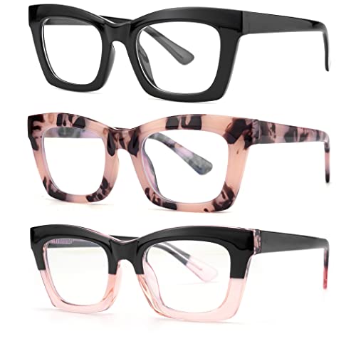 bullabulling Retro Square Reading Glasses For Women Men Fashion Oversized Frame Large lens 2.05inches (black/tortoise/blackpink, 1.5)