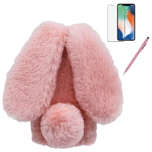 Bunny Case for iPod Touch 7 / 6 / 5, Girlyard Cute Rabbit Ears Warm Fluffy Handmade Rabbit Fur Soft Plush Flexible TPU Bumper Phone Shell Furry Protective Cover for Girls - Pink