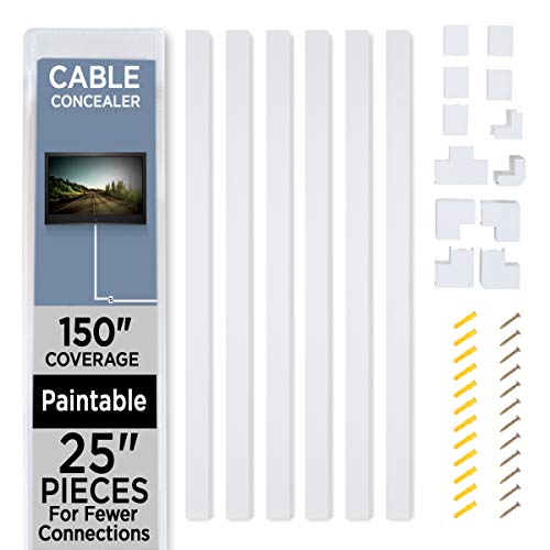 Cable Shield Cable Concealer On-Wall Cord Cover with 6, 25” Raceways – 150” Cable Management System Hides Cords, Wires for Wall TVs, Computers – White (544808XGW)