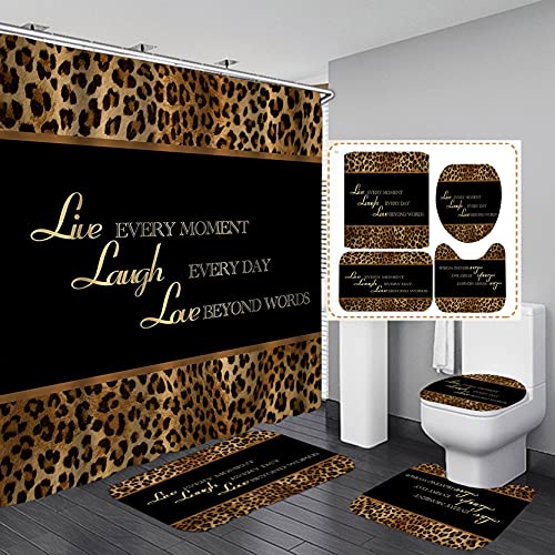 Camille&Andrew 4PCS/Set Brown Leopard Print Shower Curtain, Sexy Safari Wildlife African Wild Animal Fur Cheetah Skin Pattern Inspirational Quotes Bathroom Decor, Non-Slip Bath Rugs, Live Laugh Love