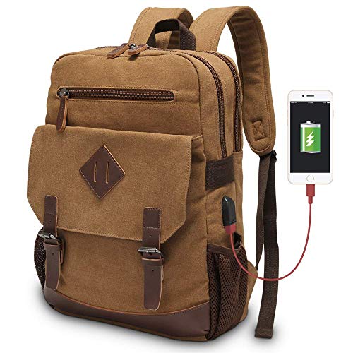 Canvas Backpack for Men Women, Vintage Rucksack Fits Most 15.6 Inch Laptop, Bookbag with USB Charging Port, Brown