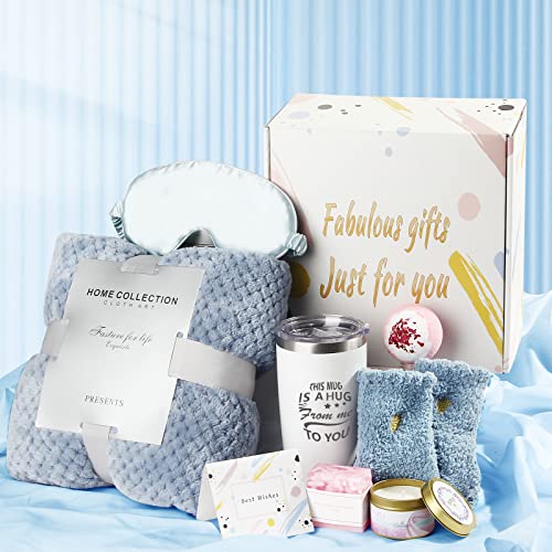Care Package for Women Relaxing Spa Gifts Birthday Gift Baskets,Get Well Soon Gifts,Warm & Relaxing Sympathy Blanket,Candle,Tumbler,Socks,8-Piece Feel Better Gift for Best Friend BFF Mom Sister