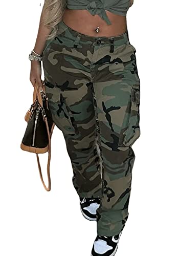 Casual Plus Size Camo Cargo Pants for Women High Waist Slim Fit Camouflage Jogger Army Pants Sweatpants with Pockets