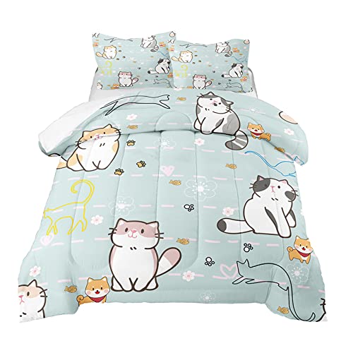 Cat Bedding Set Twin Size, Cartoon Cats Comforter for Girls Kids Teens, Blue Lovely Quilt Animal Pattern Comforter Set Soft Breathable Cute Duvet Set for All Season 2Pcs with Pillowcase