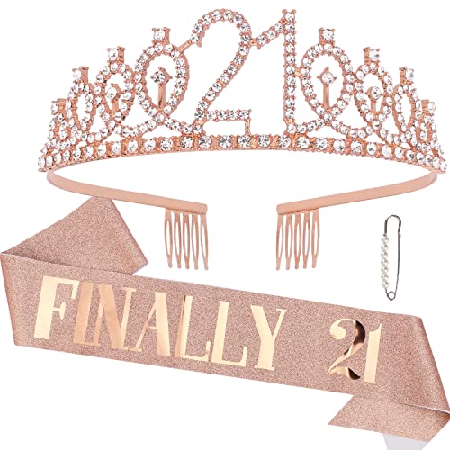 CAVETEE Rose Gold FINALLY 21 Birthday Sash and Crown for Women 21st Birthday Tiaras and Sash Set for Women Birthday Decorations Rose Gold Birthday Queen Crowns Tiaras for Women