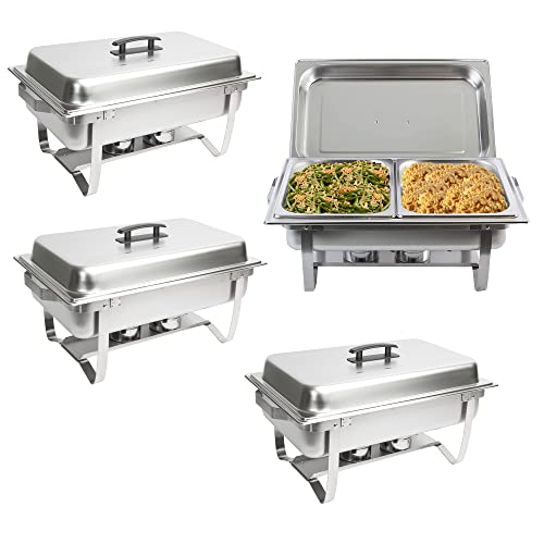 Chafing Dish Buffet Set (4 Pack) Chafers 8QT Buffet Servers And Warmers, Chaffing Servers With Covers, Catering, Chafer, Folding Stand, Food Warmer For Parties Buffets