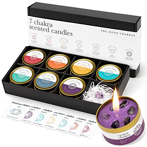 Chakra Candle Box Set of 7 with Crystals Inside | for Aromatherapy, Meditation, Yoga, Reiki and Mindfulness | Gift Box Candles