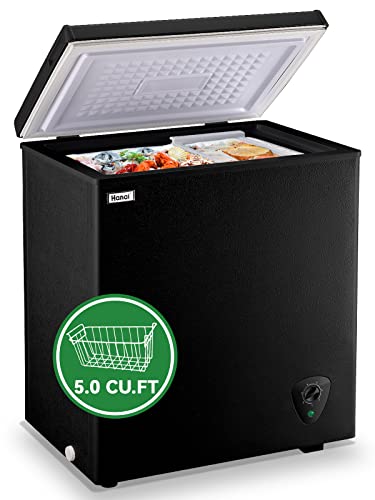 Chest Freezer WANAI Deep Freezer 5.0 Cu. Ft Black Small Chest Freezers with Storage Basket Top Open Door Mini Compact Freezer 7 Temperature Control for Home Garage Apartment Kitchen Office