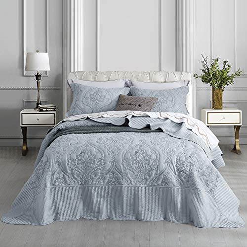 CHIXIN Oversized Bedspread Coverlet Set King Size - Lightweight Bedding Cover - Beautiful Stitching - 4 Piece Reversible Bedspread - Gorgeous Damask Paisley Pattern (King, Light Grey)