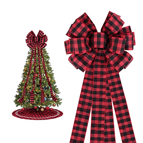 Christmas Tree Topper，48" x 13" Inches Burlap Christmas Tree Topper Bow with Long Streamers，Red and Black Christmas Decorations，Buffalo Plaid Christmas Tree Topper for Wreath Door Party Festival