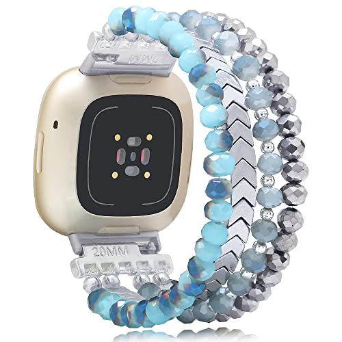 C&L Accessories Beaded Bracelet Compatible for Fitbit Versa 3/Fitbit Versa 4/Fitbit Sense 2/Fitbit Sense Bands for Women Girls Elastic Stretch Handmade Strap (Silver/Blue/Crystal)