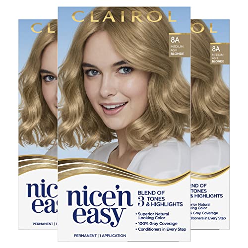 Clairol Nice'n Easy Permanent Hair Dye, 8A Medium Ash Blonde Hair Color,1 Count (Pack of 3)