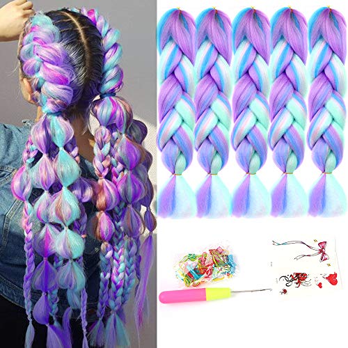 CliCling 4 Colors Mix Braiding Hair Extensions Jumbo Hair 5pcs/Lot 24 Inch Synthetic Colorful Braiding Hair Extension for Crochet Box Braids Twist Braiding Hair (PS18, Light Cyan/Pink/Purple/Green)