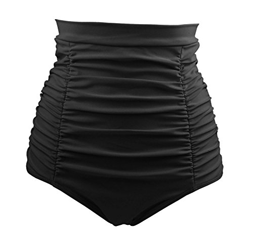 COCOSHIP Black Women's Retro Solids High Waisted Bikini Bottom Ruched Swim Short Tankinis S(FBA)