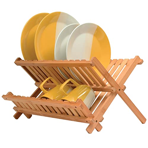 Collapsible Dish Drying Rack - Bamboo 2-Tier Dish Drainer Kitchen Plate Rack for Kitchen Countertop - Foldable & Compact for Space-Saving Storage