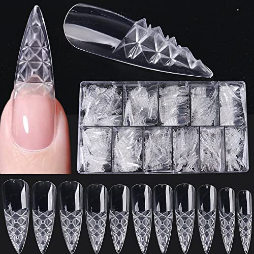 Colored Glaze False Nails Tips Stiletto Trapezoid False Fake Nails Concave Convex Acrylic Long Nails Full Cover Clear Artificial Nails for DIY Nail Art (About 408 Pcs-Stiletto)