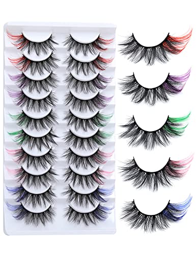 Colored Lashes Fox-Eye False Eyelashes with Color on the end Wispy Festival Decorative Cat-Eye Lashes Red Green Colorful Fake Lash Extensions Fluffy Glitter 3D Faux Mink Lashes Pack Curly