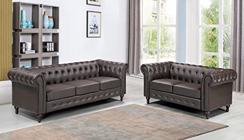 Container Furniture Direct Teressa 2-Piece Faux Leather Chesterfield Sofa Set for Living Room, Apartment or Office, Includes Mid Century Modern Couch and Loveseat, Brown