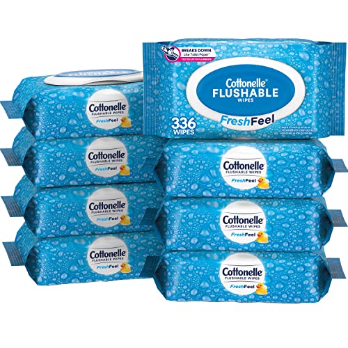 Cottonelle Freshfeel Flushable Wet Wipes, Adult Wet Wipes, 8 Flip-Top Packs, 42 Wipes per Pack (8 Packs of 42) (336 Total Flushable Wipes), Packaging May Vary