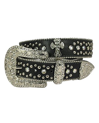 Cross Charm Rhinestone Stud Genuine Leather Belt (X-Large, Black)