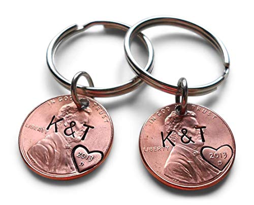 Custom Hand Stamped 2 Personalized Penny Keychains, Anniversary Gift, Husband Wife Key Chain, Boyfriend Girlfriend Gift, Customized Couples Keychains